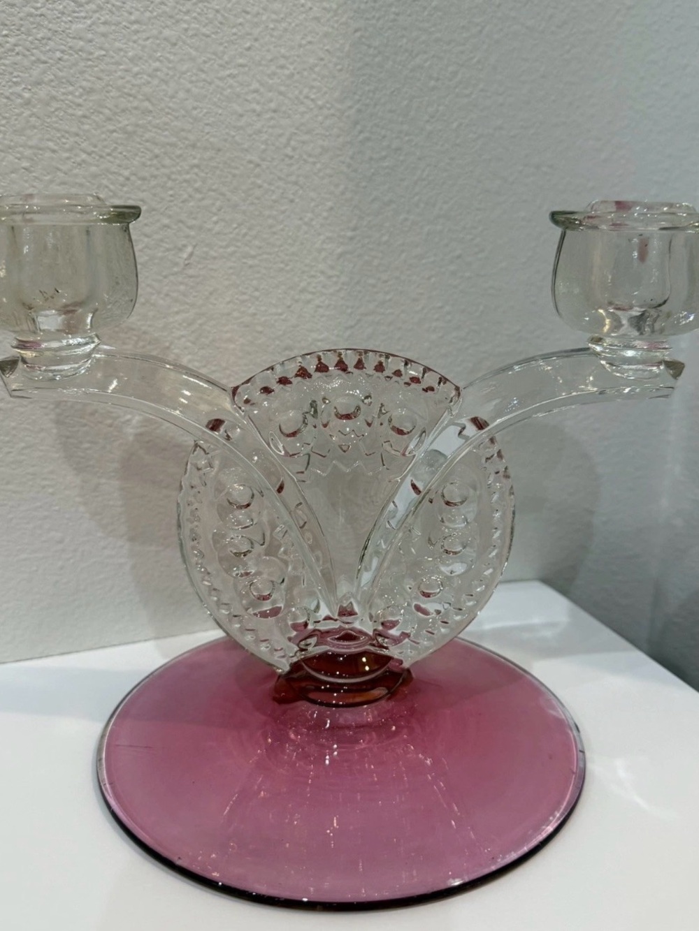 Tiffin King's Crown Cranberry Flashed Clear and Rose Glass Double Candle Holder